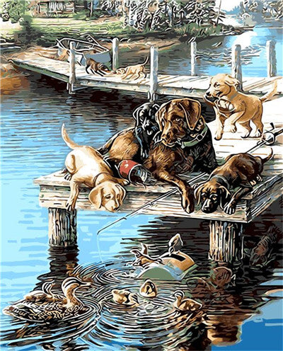DIY Painting By Numbers - Dogs and Ducks Playing  (16"x20" / 40x50cm)