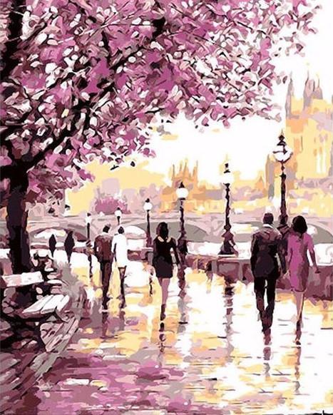 DIY Painting By Numbers - Cherry Blossoms Road (16"x20" / 40x50cm)