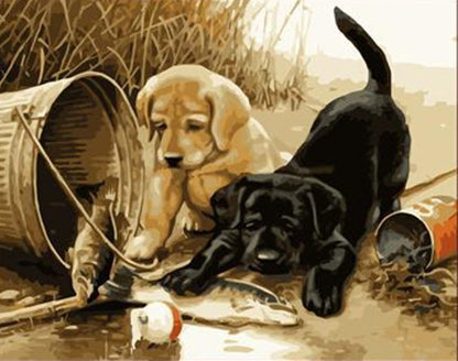 DIY Painting By Numbers - Playful Puppies (16"x20" / 40x50cm)