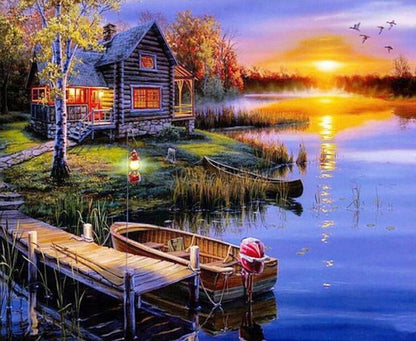 DIY Painting By Numbers - Wooden Lake House (16"x20" / 40x50cm)