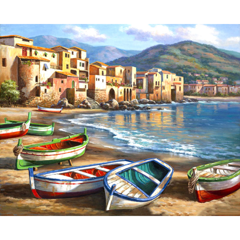 DIY Painting By Numbers - Vivid Beach Boats (16"x20" / 40x50cm)