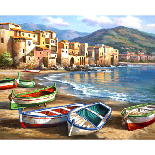 DIY Painting By Numbers - Vivid Beach Boats (16"x20" / 40x50cm)