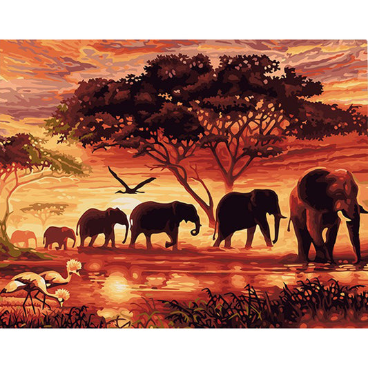DIY Painting By Numbers - Elephants Landscape (16"x20" / 40x50cm)